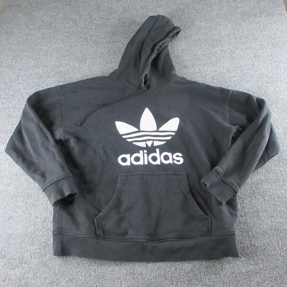 Adidas Hoodie Mens L Black Pullover Big‎ Trefoil Logo Fleece Sweatshirt Pockets